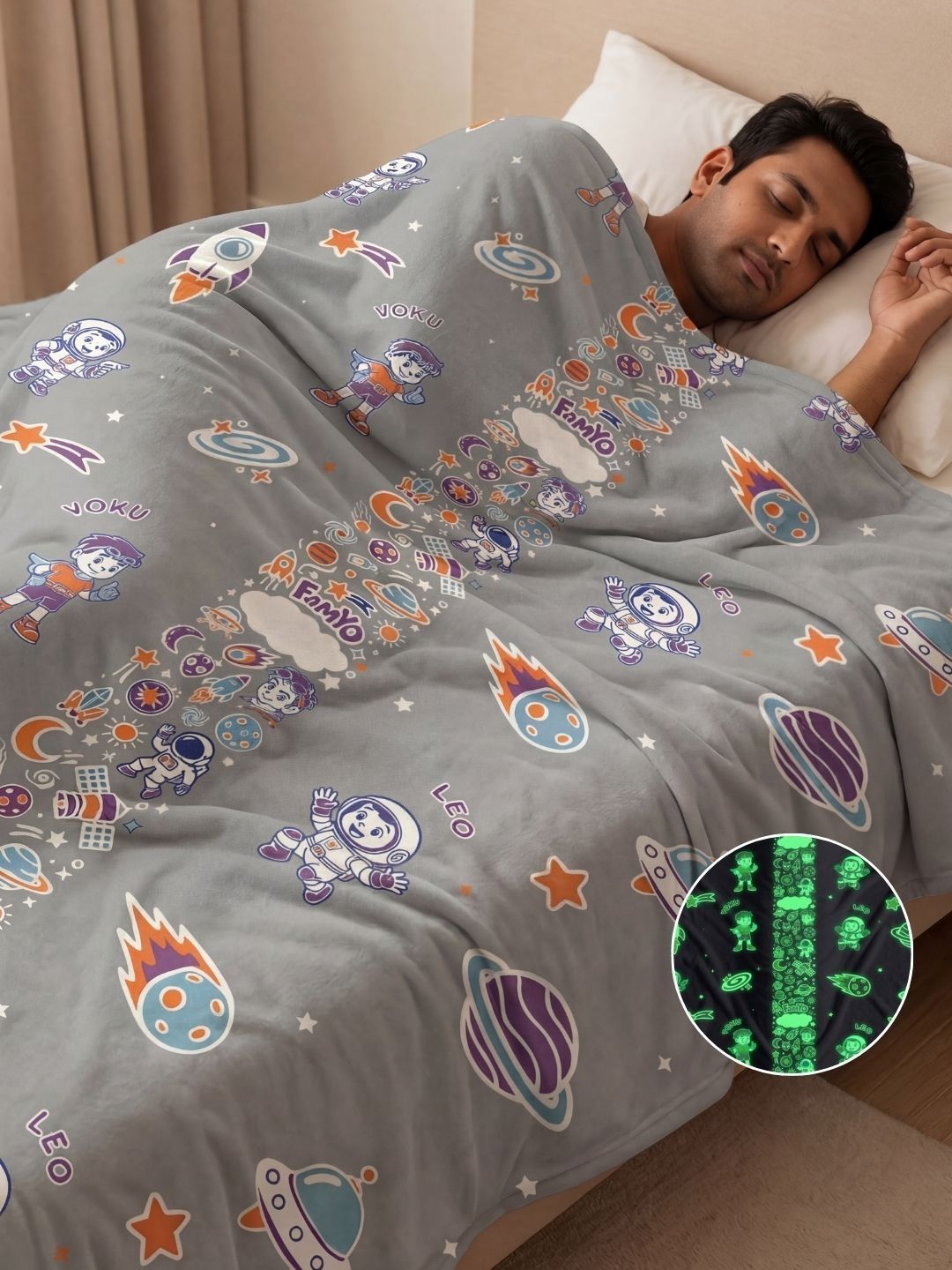 Famyo Famyo Grey & Grey Cartoon Characters Microfiber AC Room 233 GSM Blanket