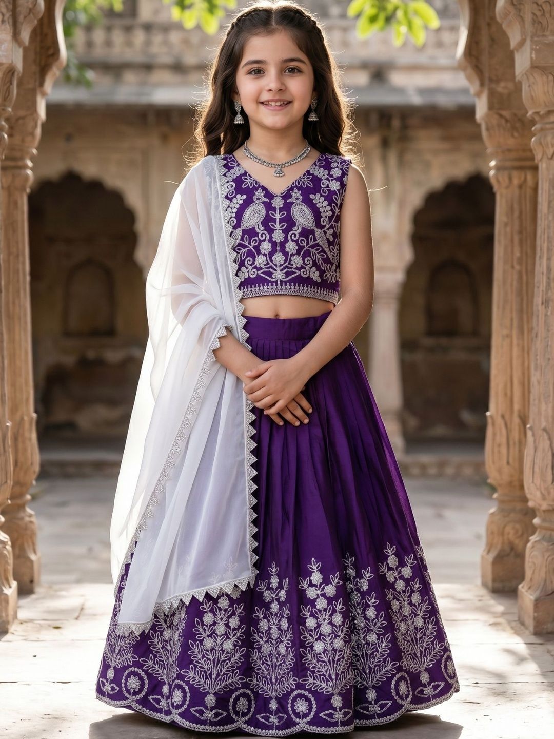 KALINI Girls Embroidered Beads and Stones Ready to Wear Lehenga & Blouse With Dupatta