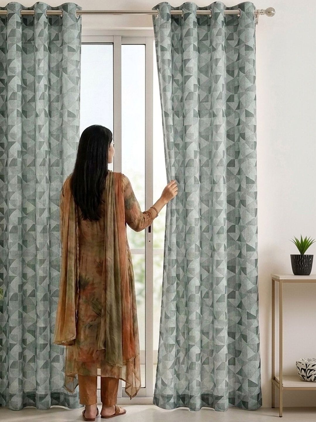 2 Pieces Printed Door Curtains Story@home Aurum Grey & Olive 2 Pieces Printed Geometric Sheer Door Curtain