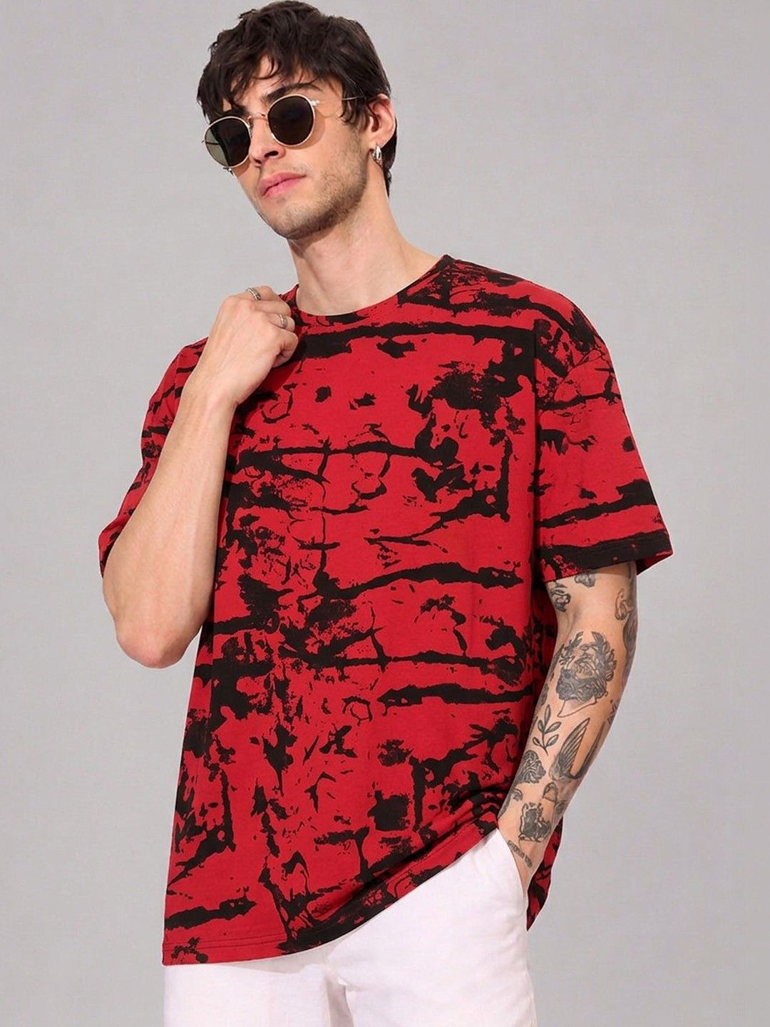 Leotude Men Tie and Dye Dyed Drop-Shoulder Sleeves Pockets T-shirt