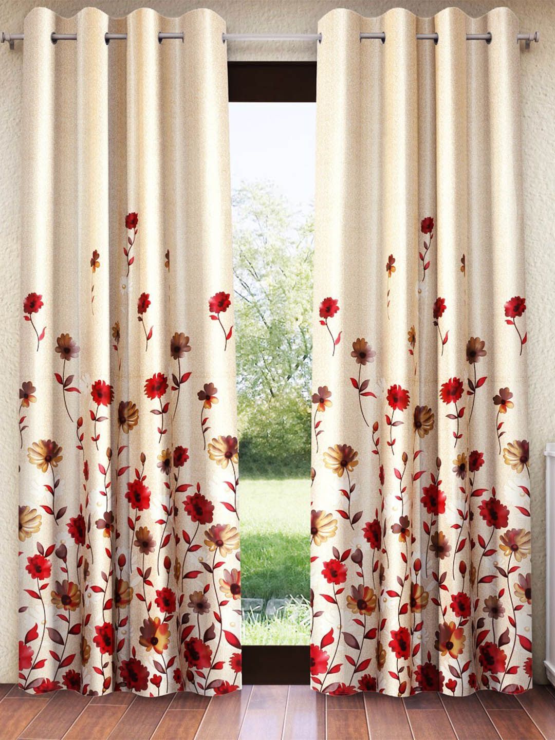 Home Sizzler Maroon & Cream Coloured 2 Pieces Floral Room Darkening Door Curtains
