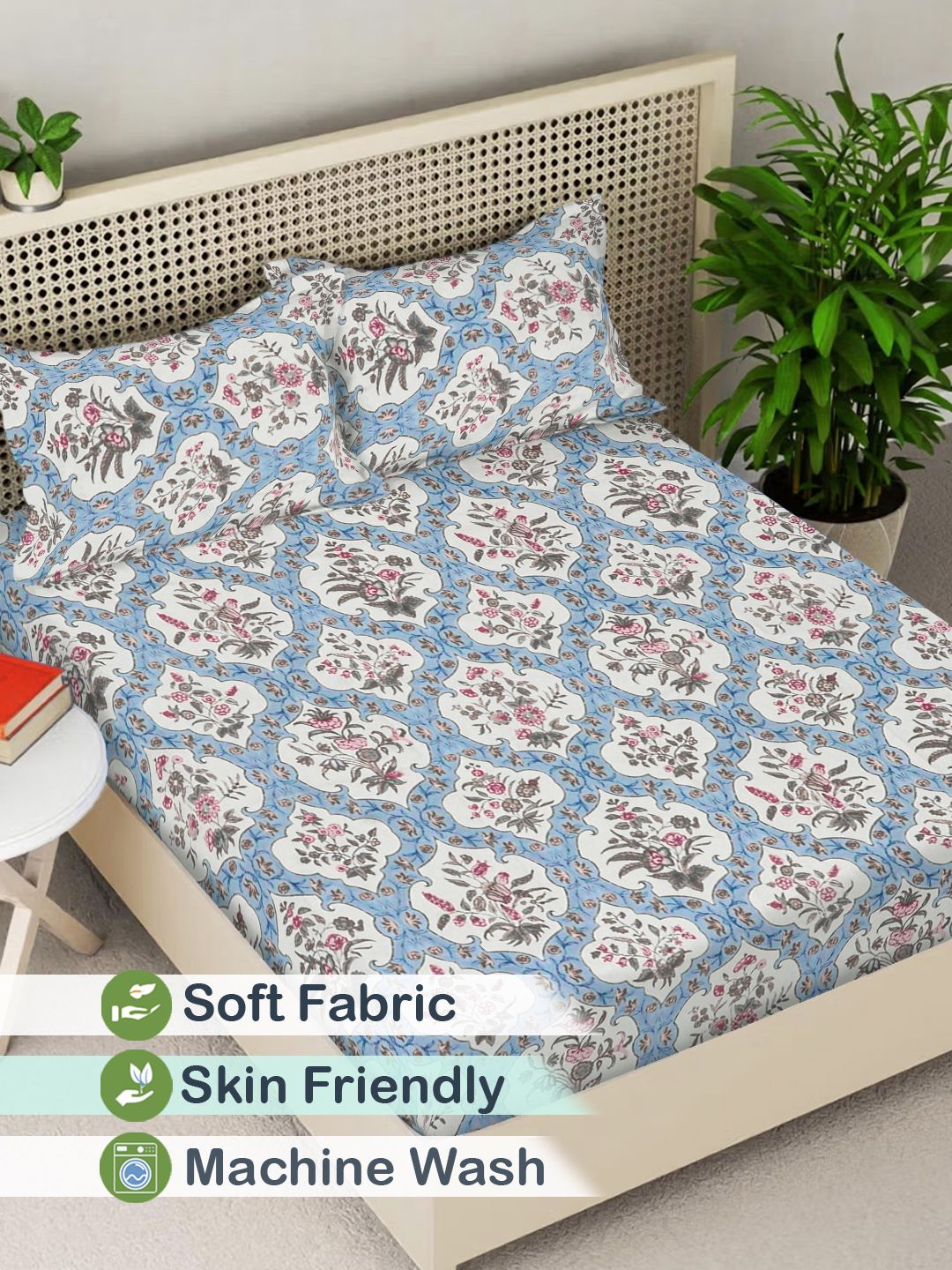 FABINALIV Blue Floral Polycotton 300 TC Fitted King Fine Bedsheet with 2 Pillow Covers-250 x 225 cm