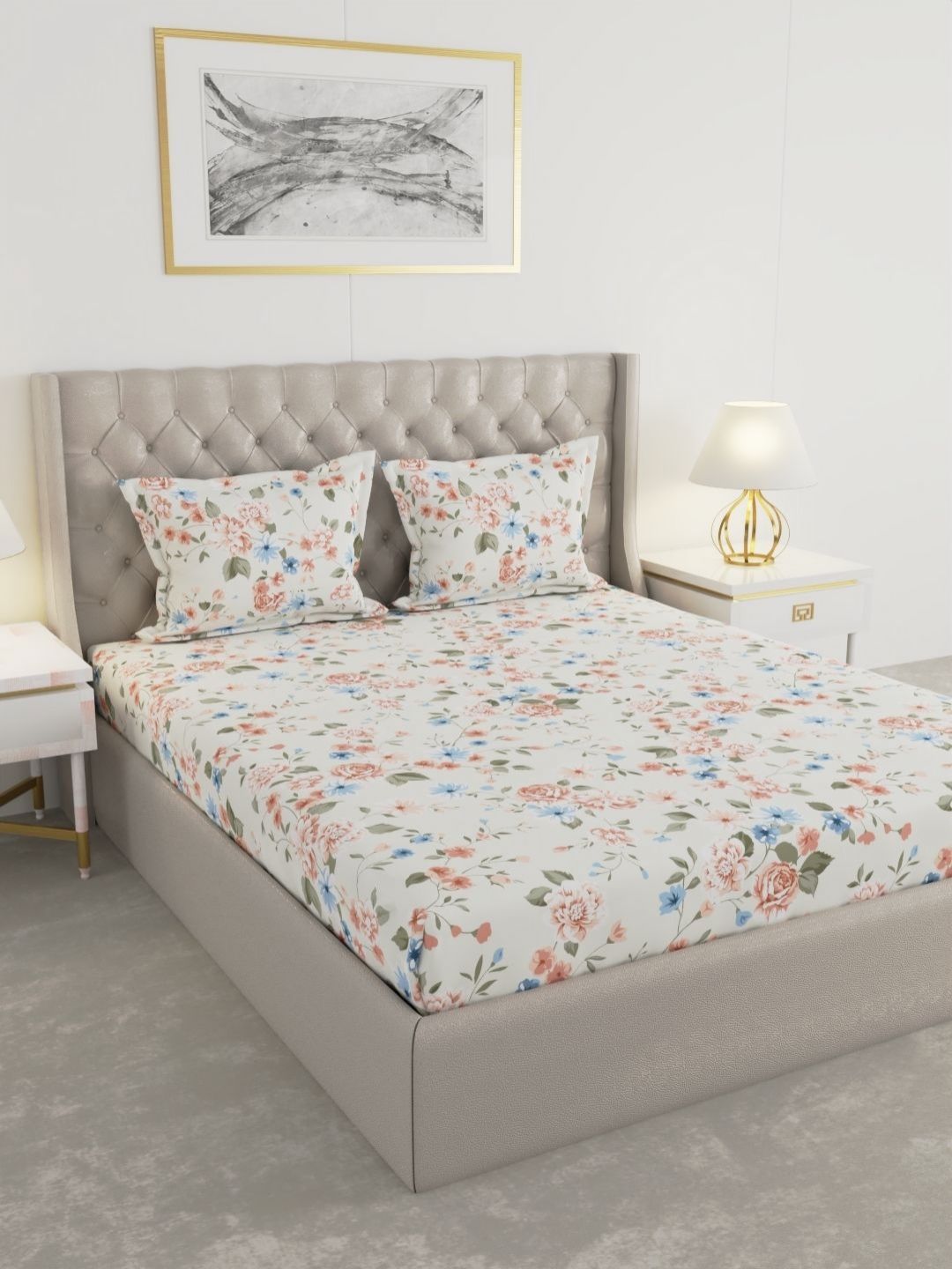 Raymond Home Raymond Home Off White & Green Printed 100 TC Queen Bedsheet Set-2.25 m x 2.50 m