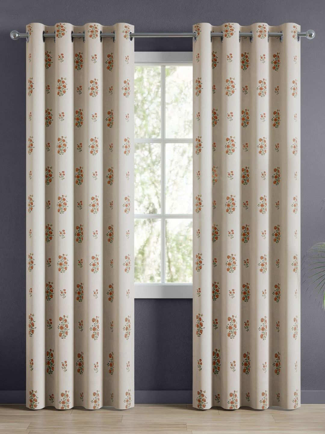 Floral Cotton Door Curtains haus & kinder Orange & White Floral Room Darkening Pure Cotton Door Curtains