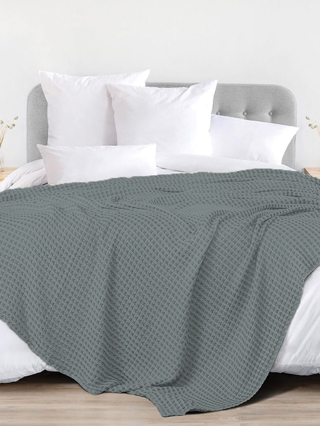URBAN SPACE URBAN SPACE Grey Checked AC Room 150 GSM Cotton Double Bed Waffle Weave Blanket