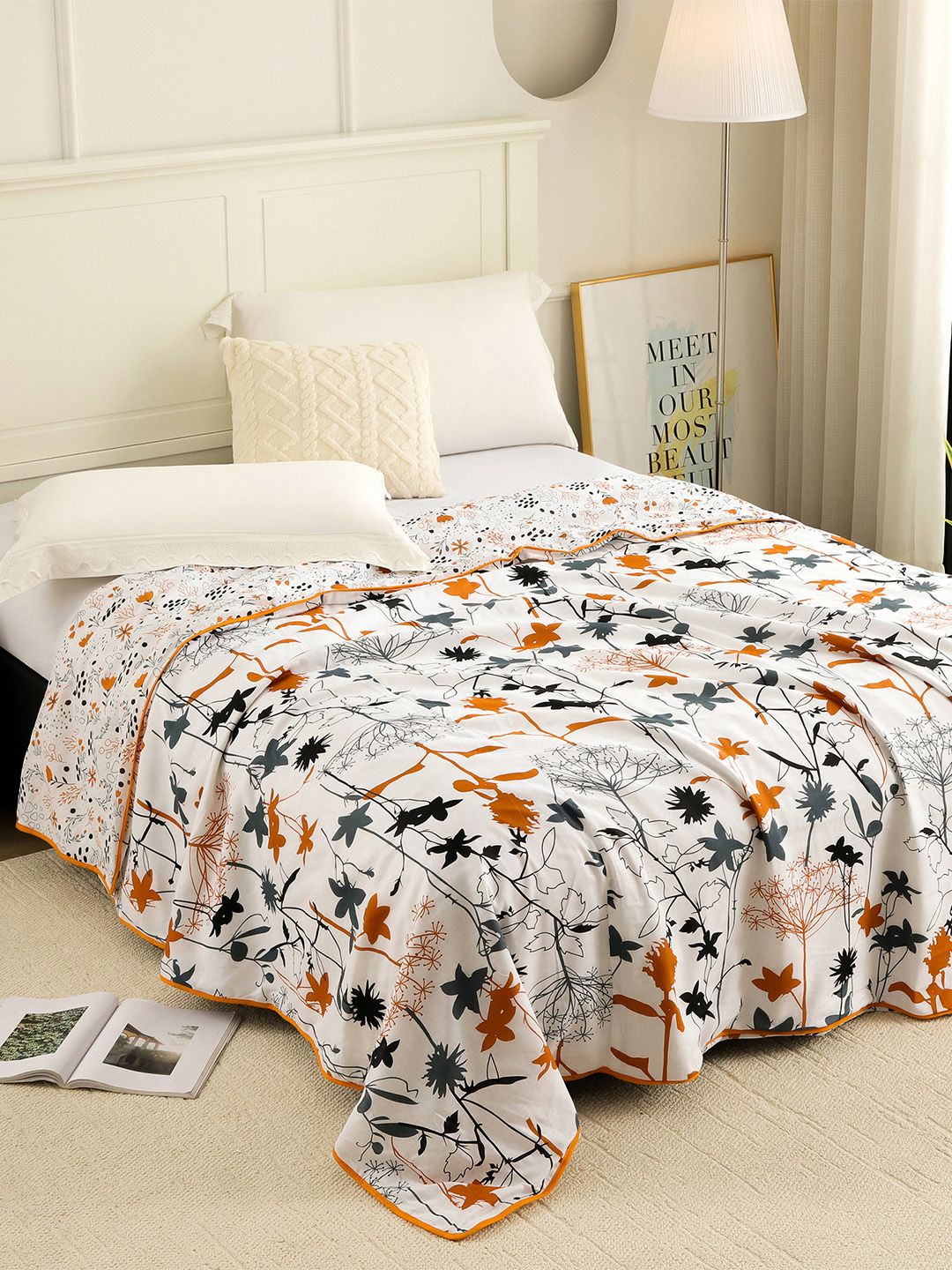 Story@home Story@home White & Grey Floral AC Room 150 GSM Single Bed Dohar