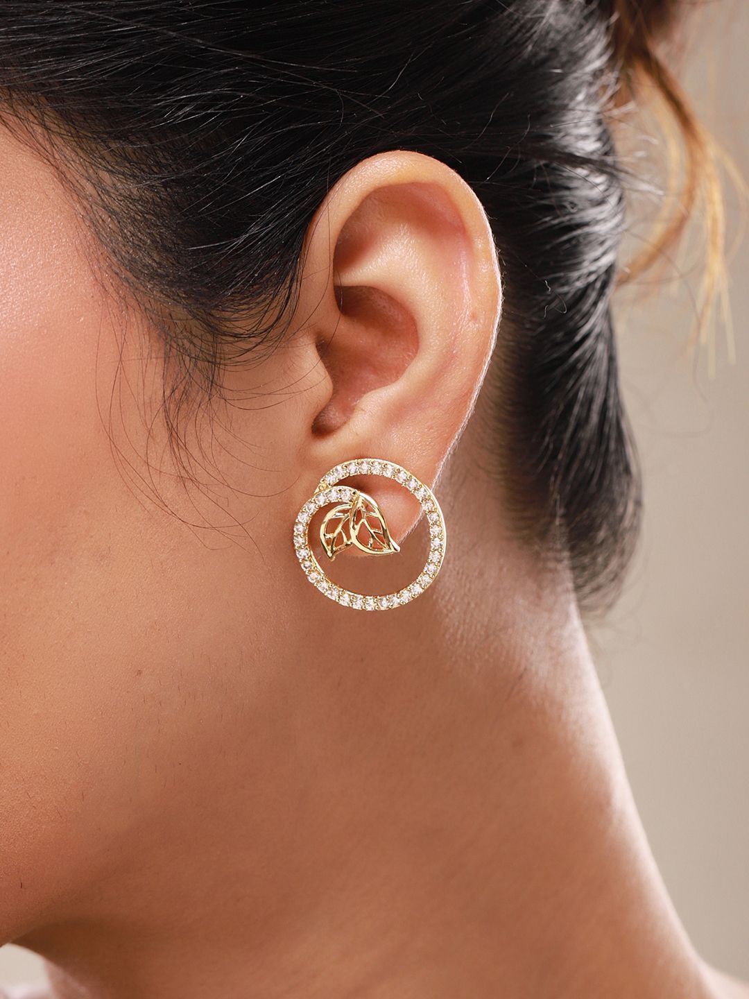 Gold-Plated Halo Stud Earrings Voylla Gold-Plated Leaf Shaped Cubic Zirconia Studs Earrings