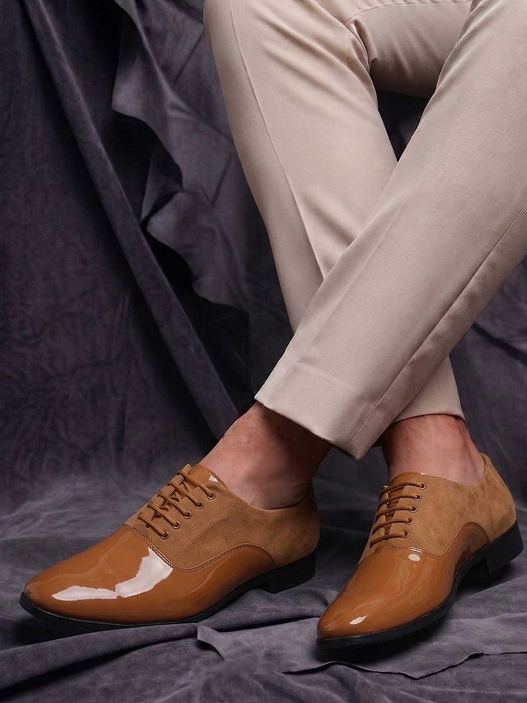 HERE&NOW Men Beige Textured Formal Lace-Up Oxfords Shoes