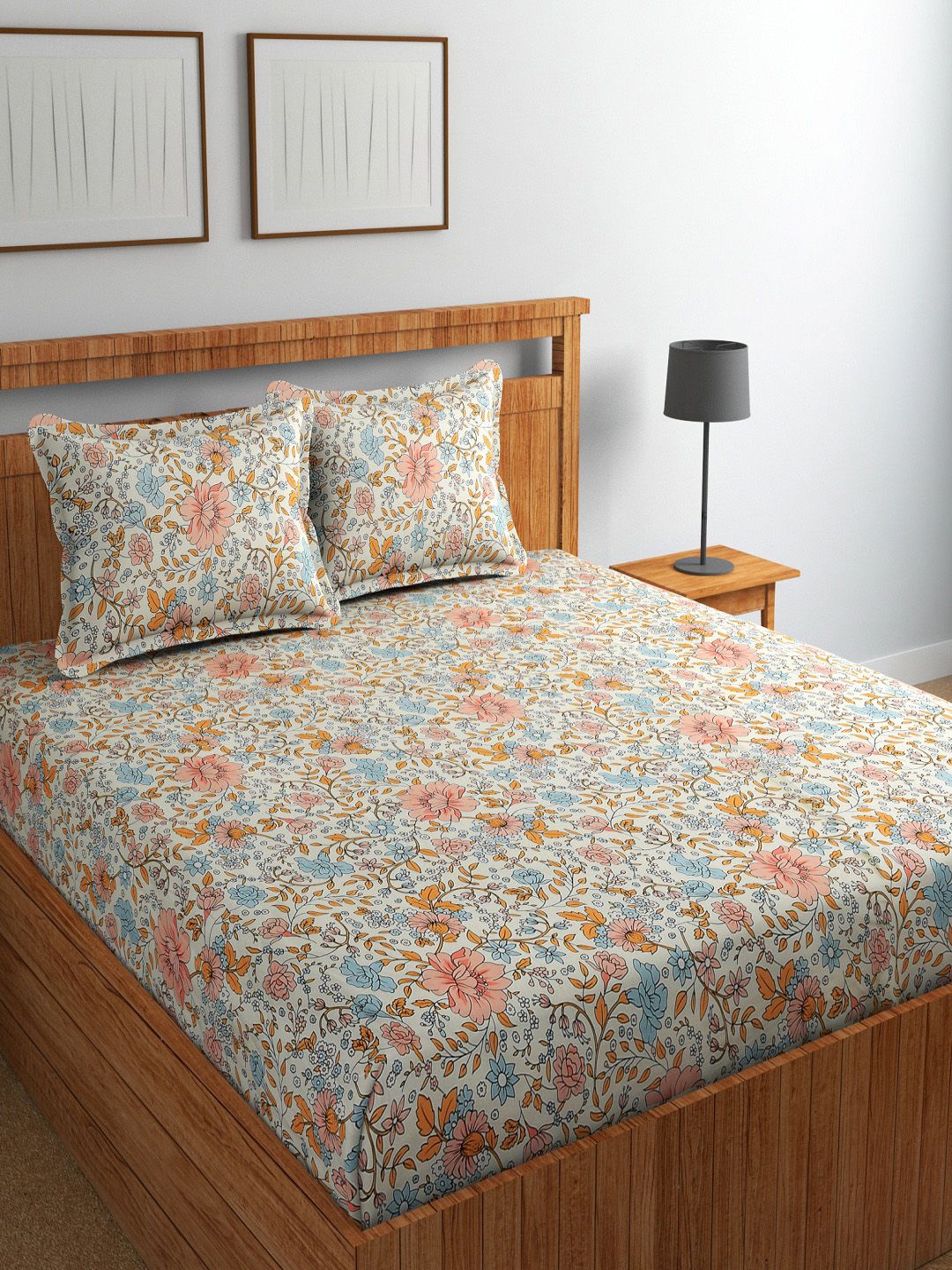 DECENT HOME Yellow Floral Queen Bedsheet with 2 Pillow Covers