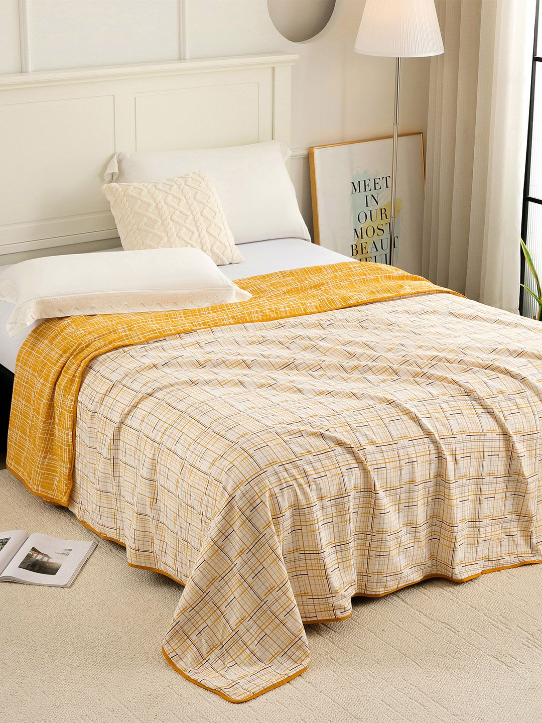 Story@home Story@home Yellow & White Checked AC Room 150 GSM Reversible Cotton Single Bed Dohar