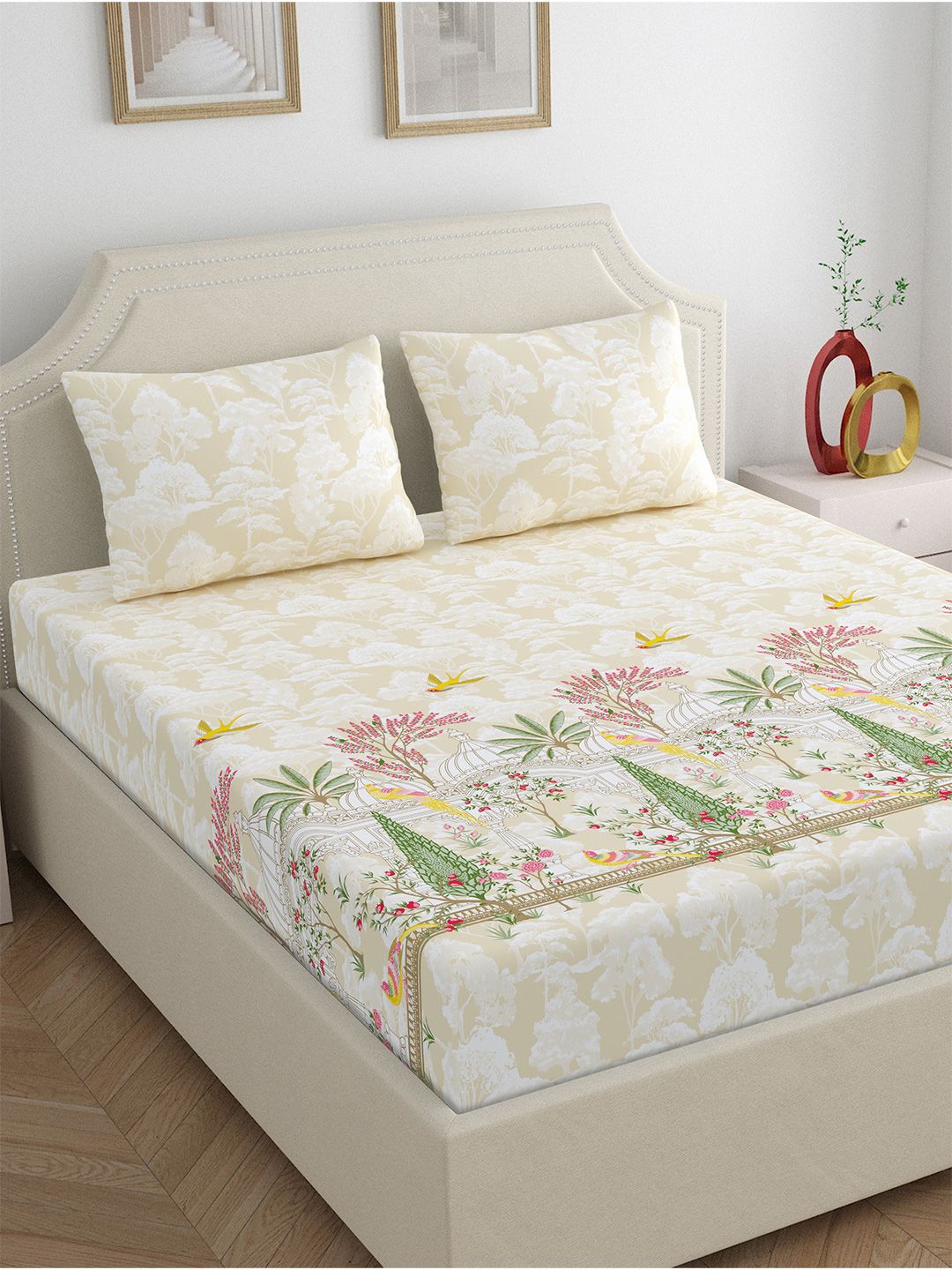 Home Ecstasy Beige Pure Cotton 140TC Double Bedsheet with 2 Pillow Covers 87x94 Inches
