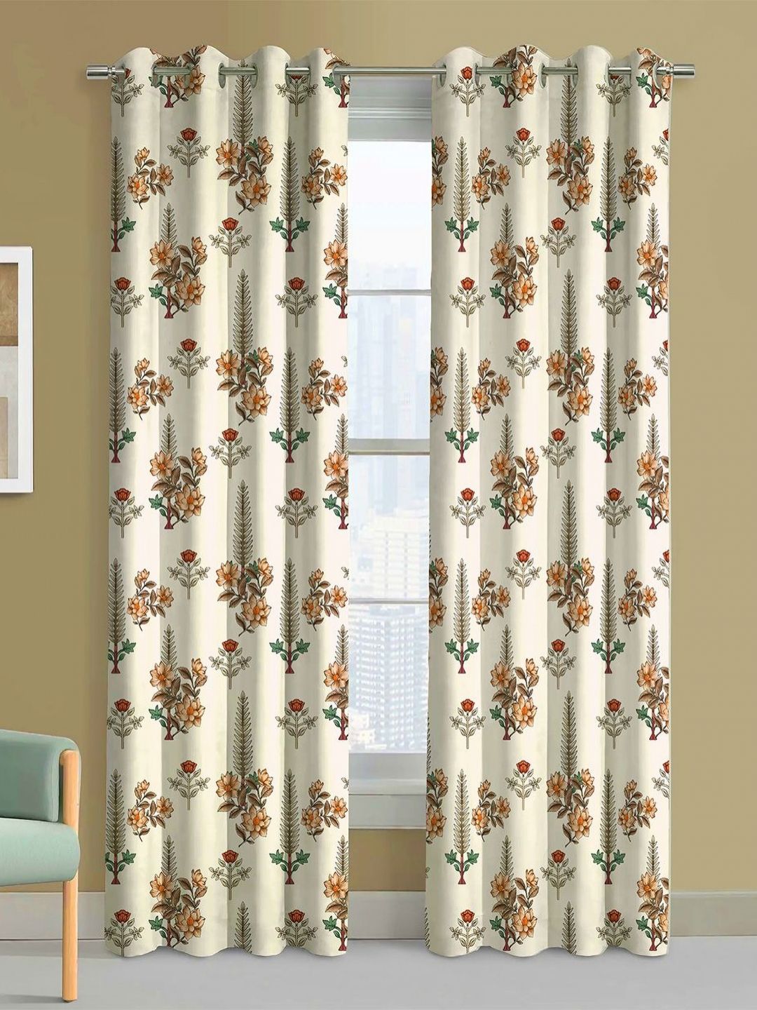 Steve & Anderson Steve & Anderson Indian motifs Brown And White 2 Pieces Printed Door Curtain (7 Feet)