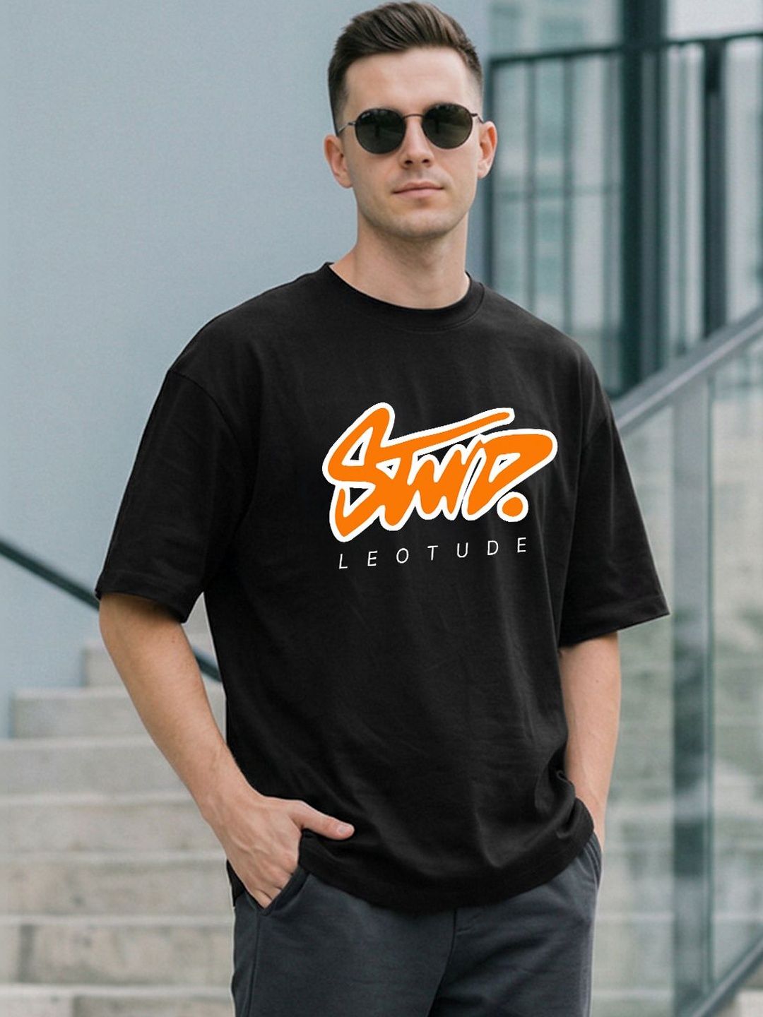 Leotude Typography Printed Drop Sholder Half Sleeve Cotton Ovesized Casual T-shirt