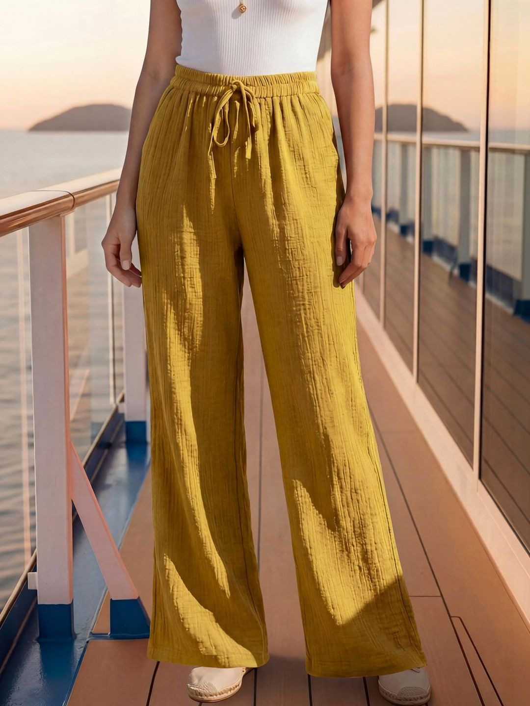 aayu Women Mustard Wide Leg aayu Women Textured High-Rise Pleated Trousers