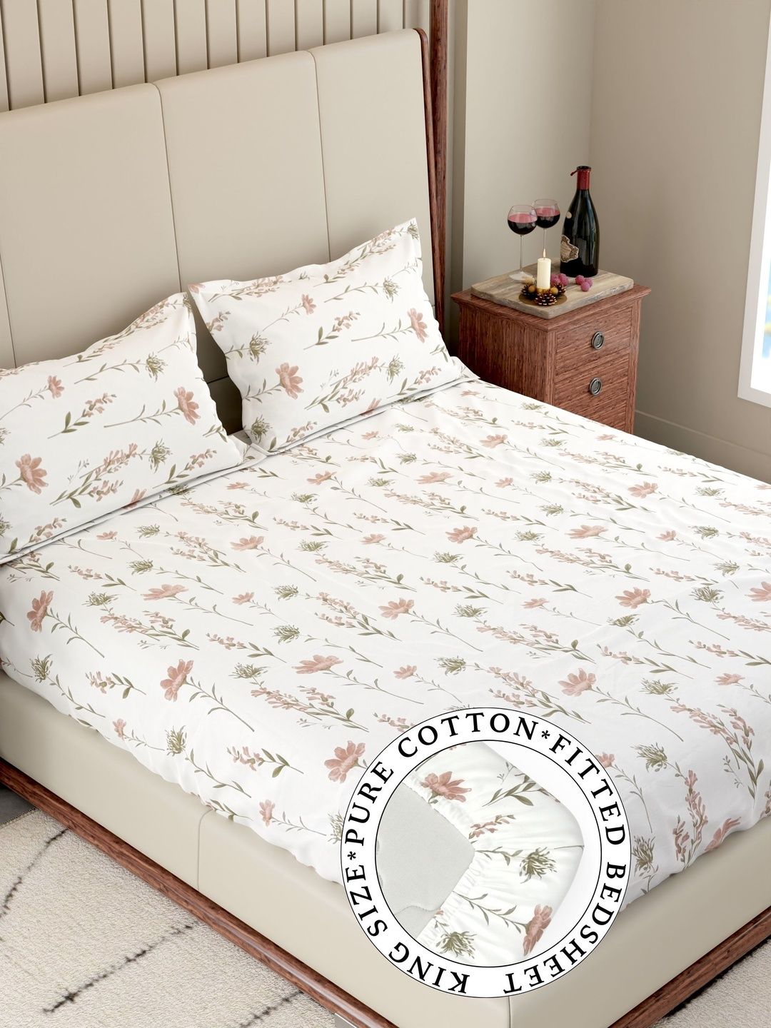 Pure Decor Pure Decor White Floral 180TC Cotton Elastic Fitted King Double Bedsheet & 2 Pillow Covers