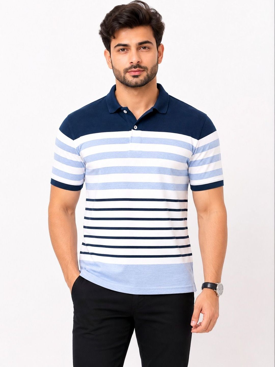 WILD COPS Men Striped Polo Collar T-shirt