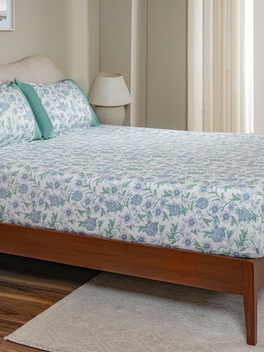 MASPAR MASPAR Blue Floral Cotton 200 TC Single Fine Bedsheet with a Pillow Cover-152 x 224 cm