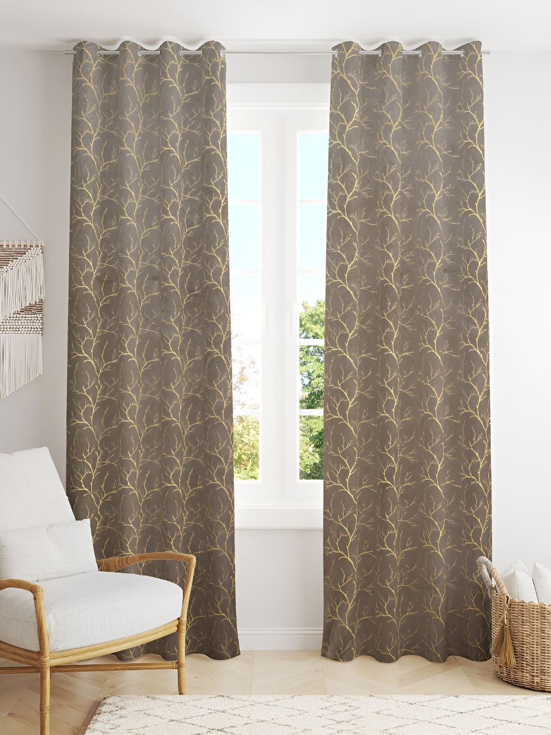 Aura Grey Melange & Gold-Toned 2 Pcs Velvet Floral Room Darkening Long Door Curtains