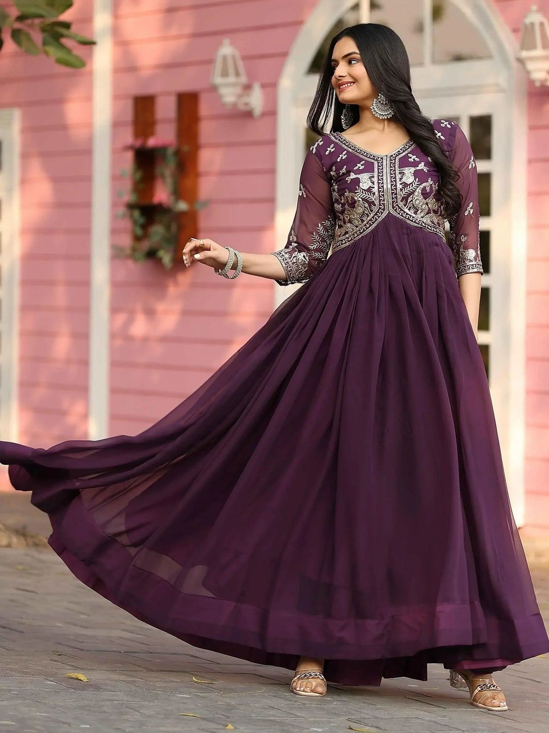 Sangria Embroidered V-Neck Fit & Flare Maxi Ethnic Dresses