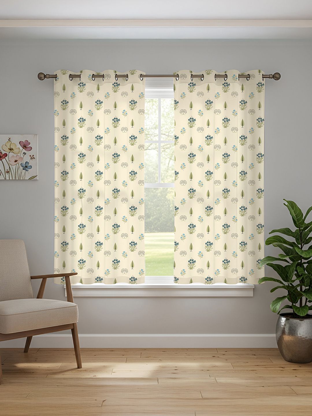 URBAN SPACE URBAN SPACE Cream-Coloured & Blue 2-Pieces Floral Cotton Window Curtains
