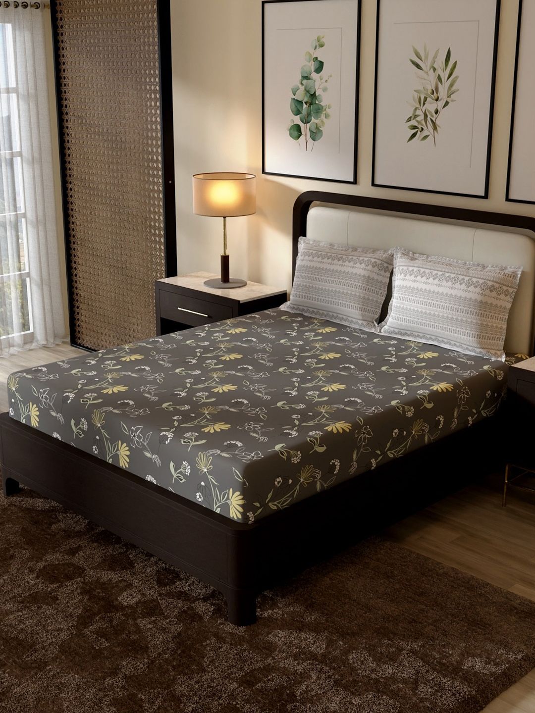 Portico New York Signature Portico New York Signature Grey Floral 144 TC Bedsheet with 2 Pillow Covers