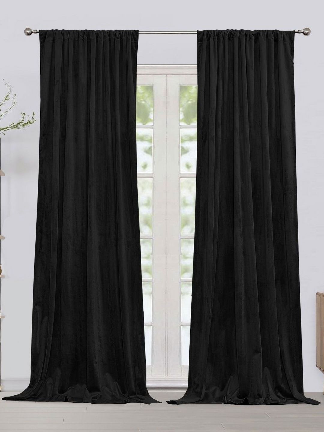 HOMEMONDE Black 2 Pieces Velvet Room Darkening Window Curtains