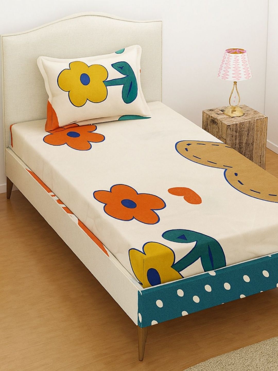 INDHOME LIFE Beige & Red Printed Cotton 220 TC Single Bedsheet Set 2.28 m x 1.52 m