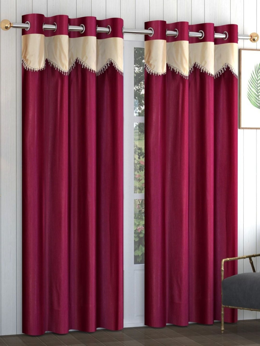 Galaxy Home Decor Maroon & Beige 2 Pieces Long Door Curtains