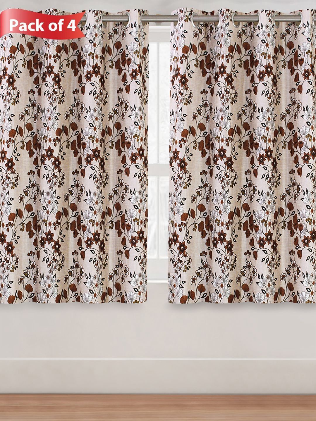 Aura Brown & White Set of 4 Floral Room Darkening Window Curtains and Sheers