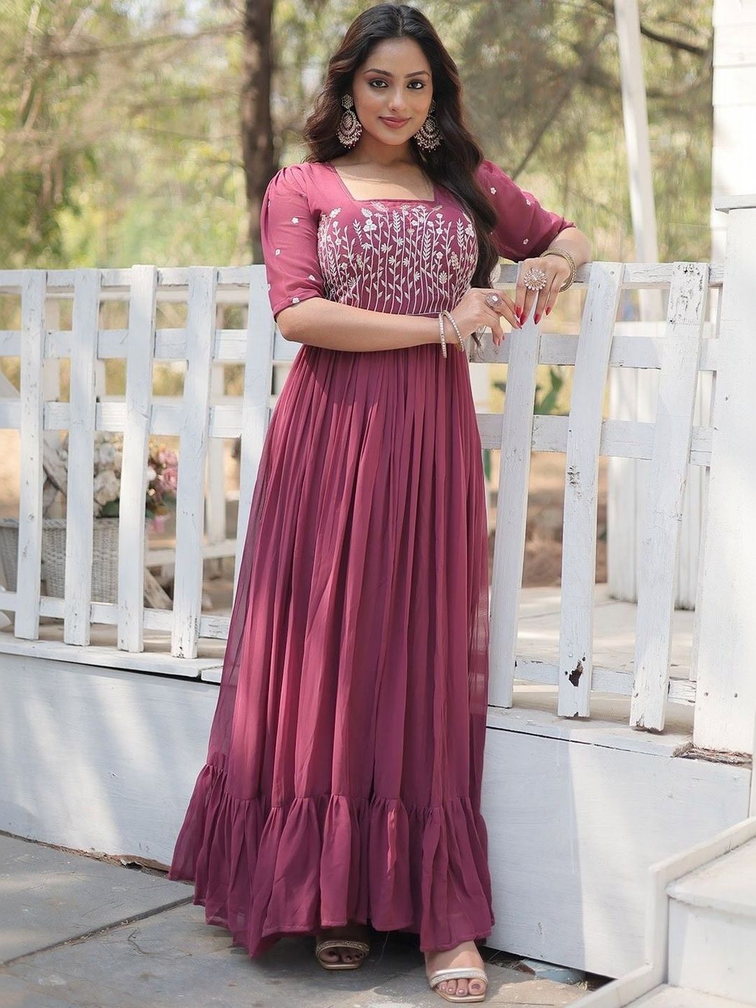 Sangria Ethnic Motifs Embroidered Sequinned Fit & Flare Maxi Georgette Ethnic Dresses
