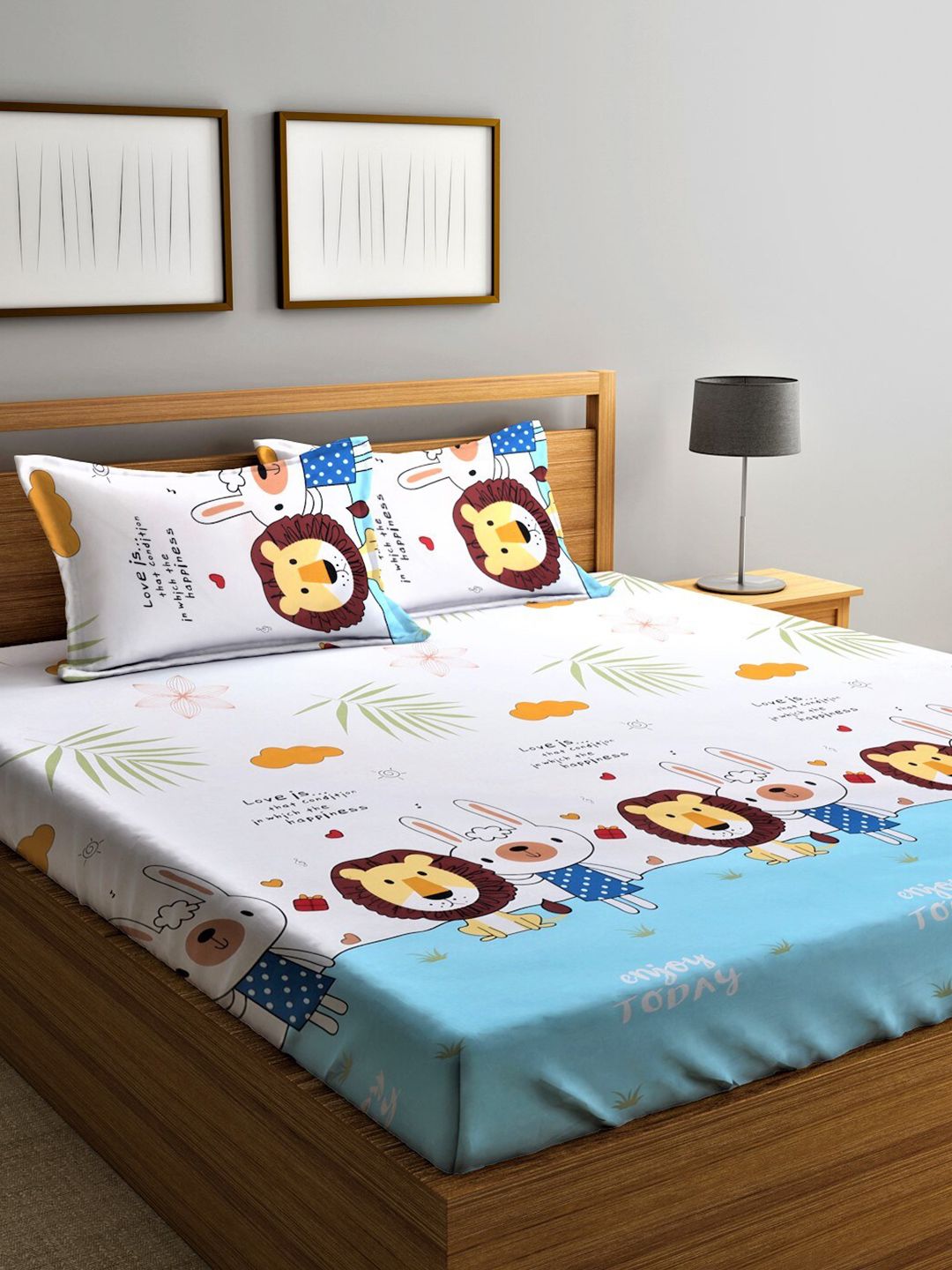 Home Sizzler Home Sizzler Passion Fur Blue Conversational Cotton 210 TC Queen Fine Bedsheet with 2 Pillow Covers-91 x 91 inches
