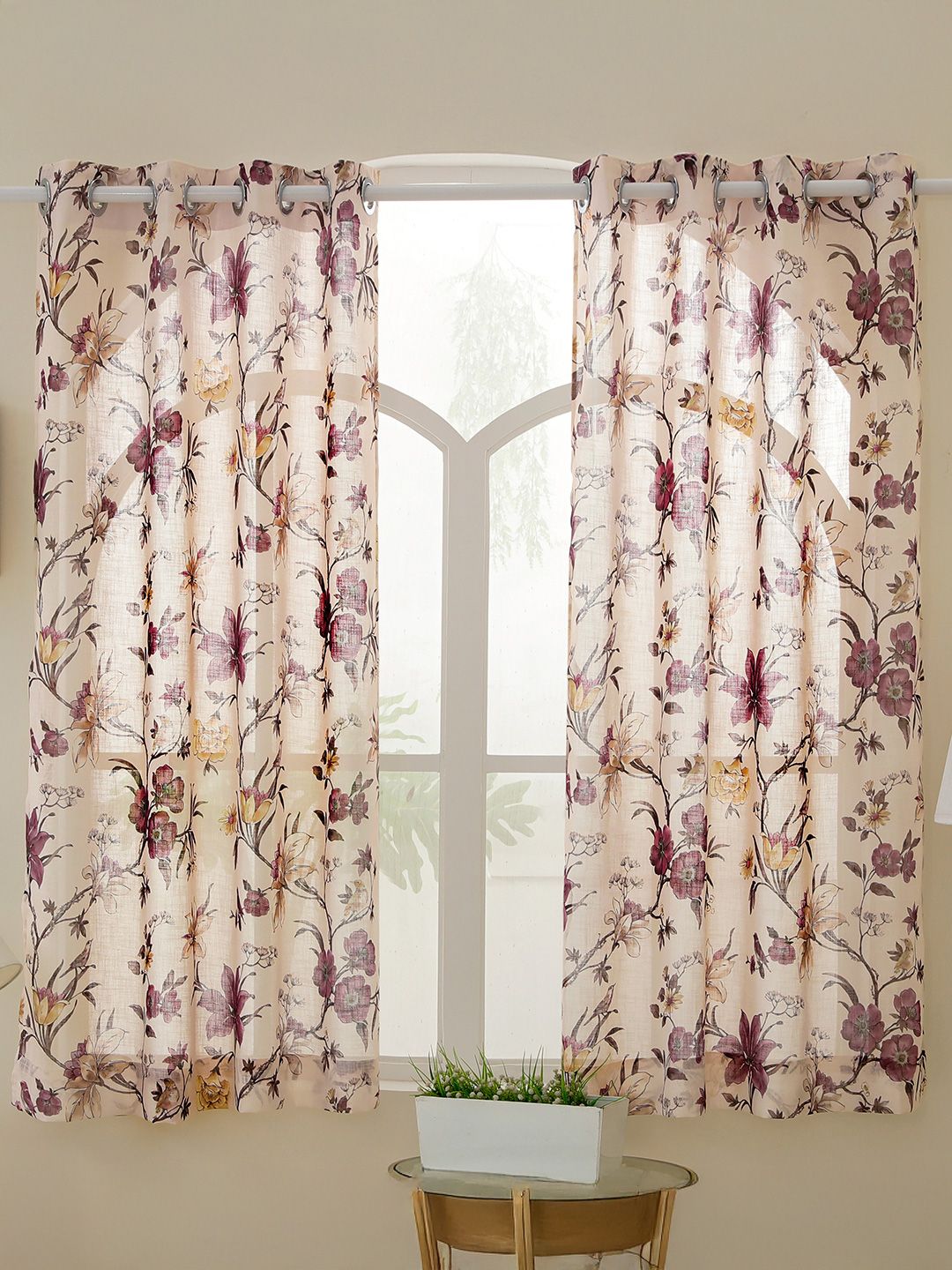 Story@home Story@home Cream-Coloured & Purple Set of 2 Floral Sheer Window Curtain
