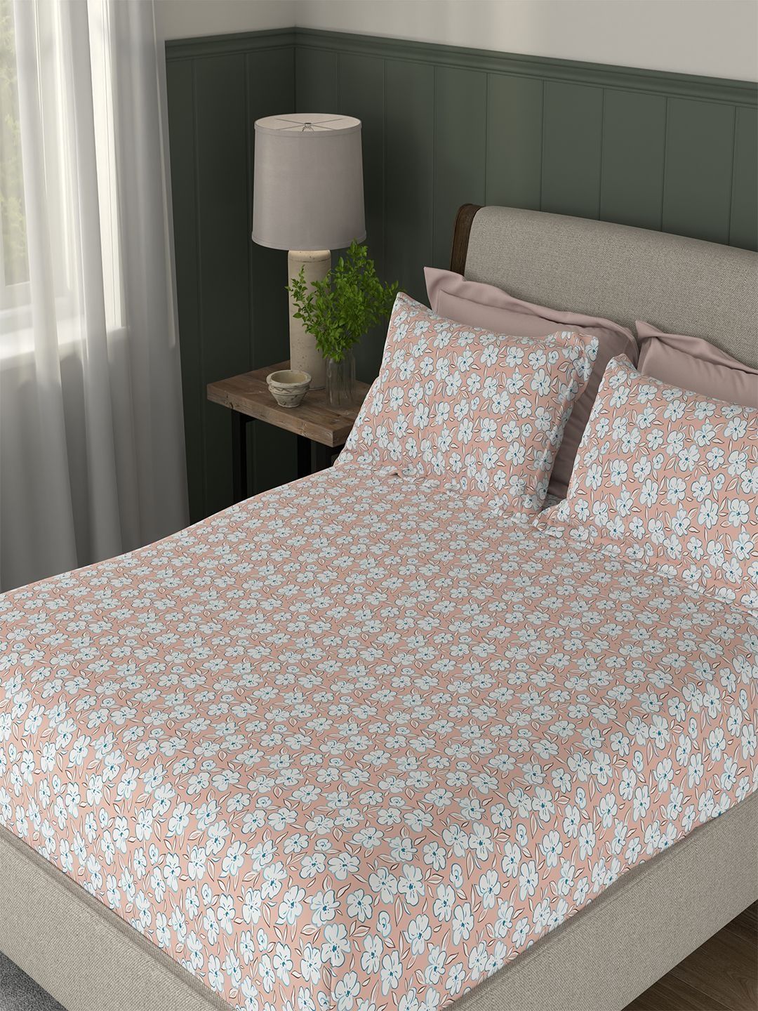 Portico New York Signature Portico New York Signature Peach-Coloured Floral 104 TC Bedsheet with 2 Pillow Covers
