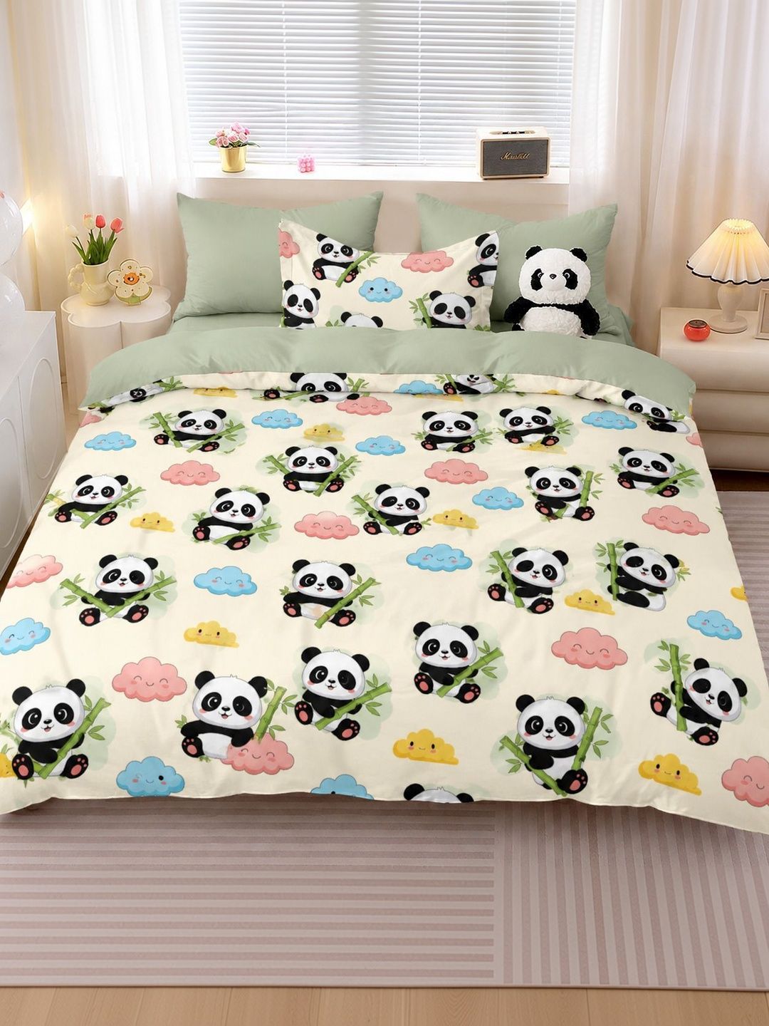 TINDLER KNOTS TINDLER KNOTS Cream-Coloured Cartoon Characters 210 TC Bedsheet with 2 Pillow Covers