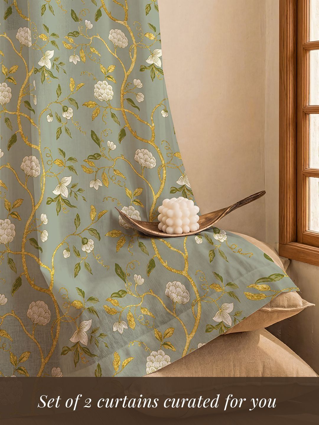 Gold Foil Window Curtain URBAN SPACE Green Set of 2 Floral Room Darkening Window Curtain