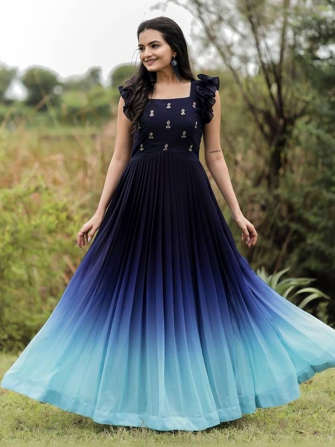 Sangria Embroidered Square Neck Fit & Flare Ethnic Dress