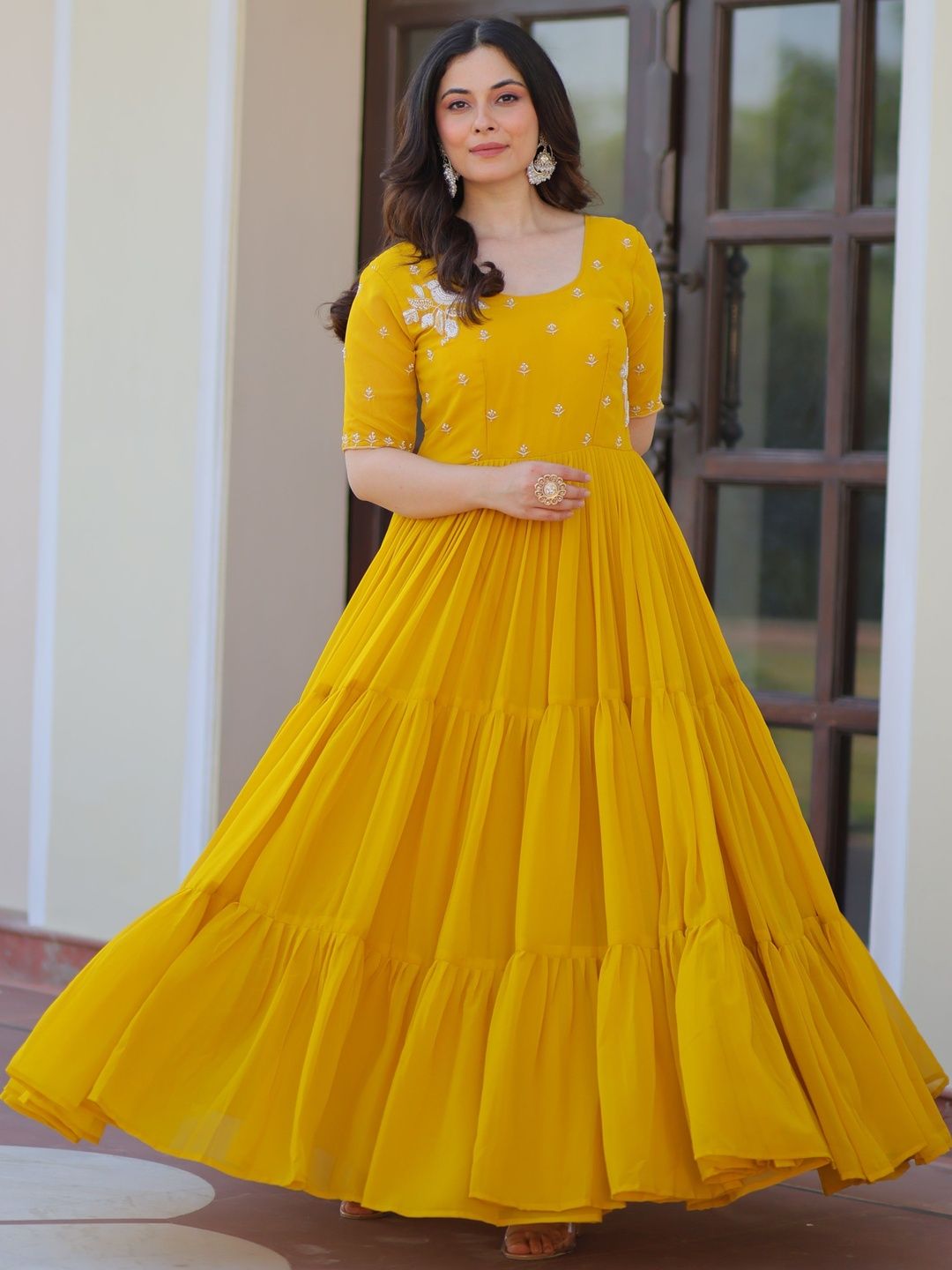 Sangria Embroidered Round Neck Maxi Ethnic Dresses