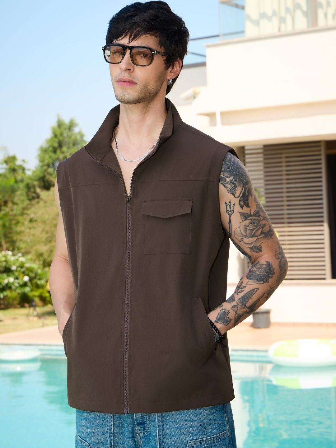 The Souled Store Mens Solid Brown Easy Fit Vests