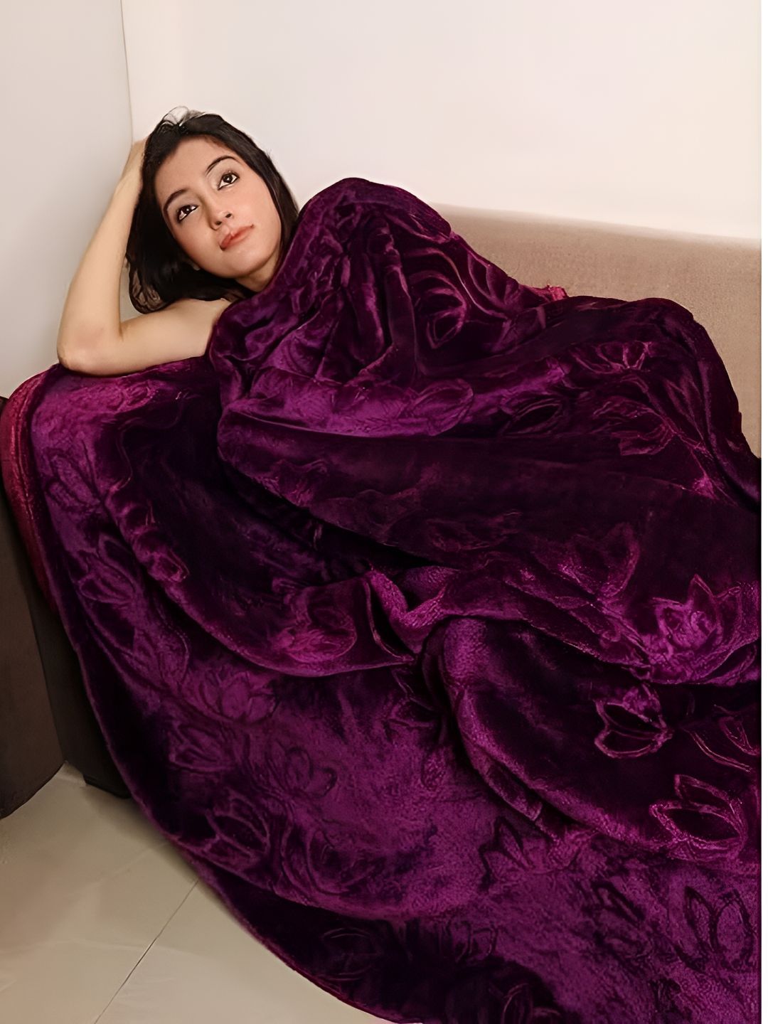 Comfowell Comfowell Purple Floral Fur Heavy Winter 500 GSM Double Bed Blanket
