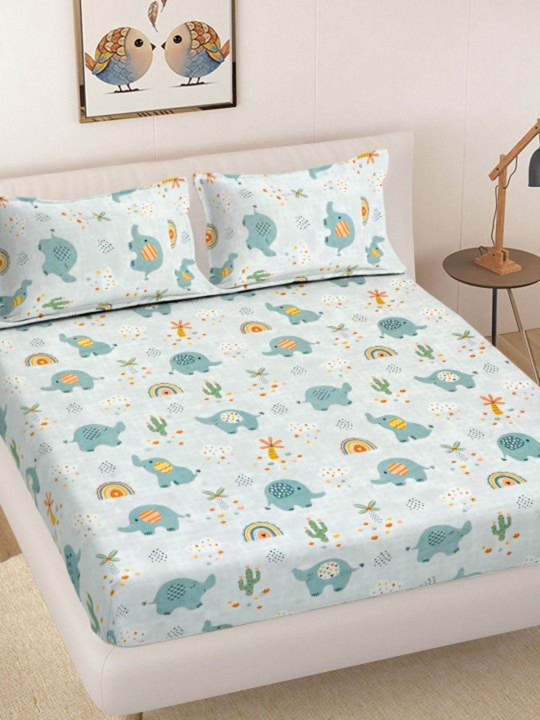 TINDLER KNOTS TINDLER KNOTS Turquoise Blue Cartoon Characters 250 TC Bedsheet with 2 Pillow Covers