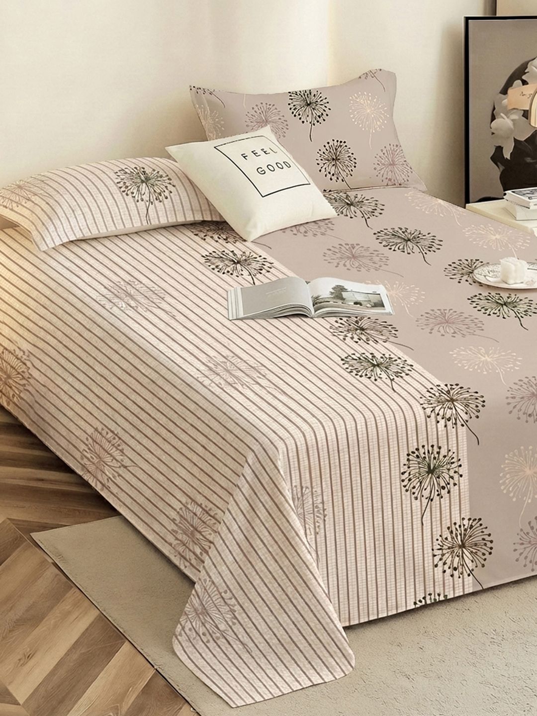 Story@home Story@home Grey Floral Cotton 186 TC King Bedsheet with Pillow Covers - 108x108 In