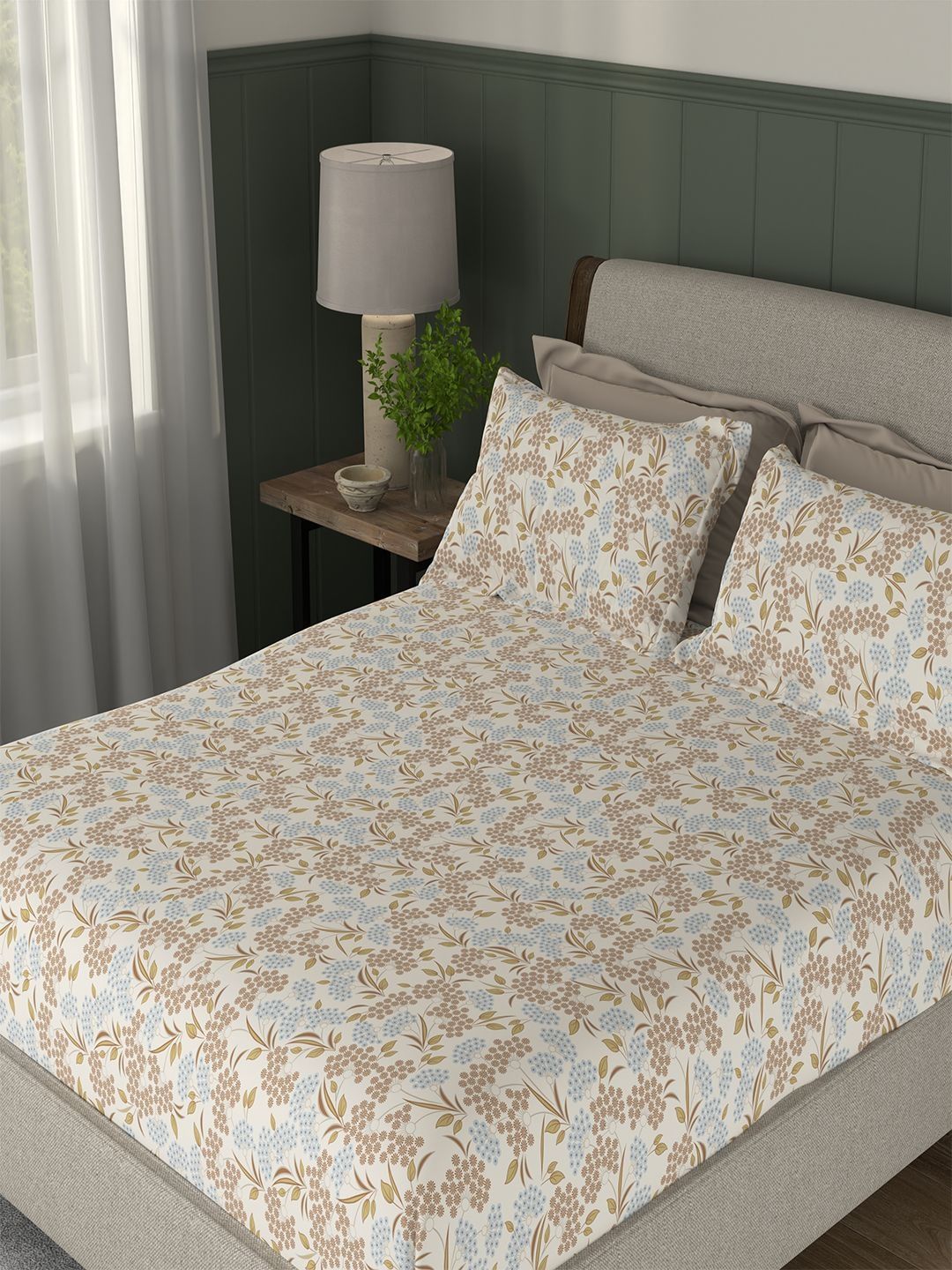 Portico New York Signature Portico New York Signature Cream-Coloured Floral 104 TC King Bedsheet with 2 Pillow Covers