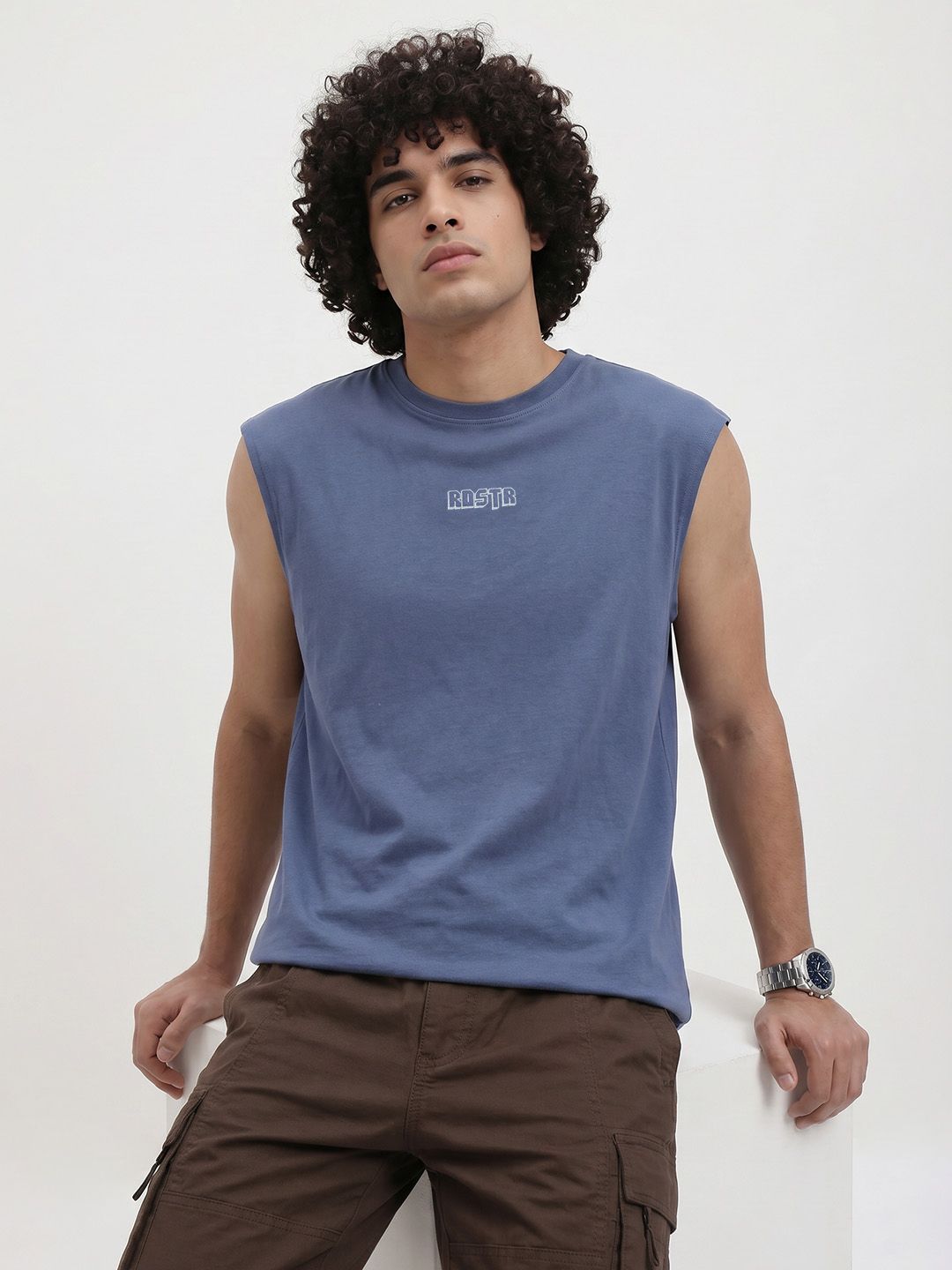 The Roadster Life Co. Typography Sleeveless Pure Cotton T-shirt
