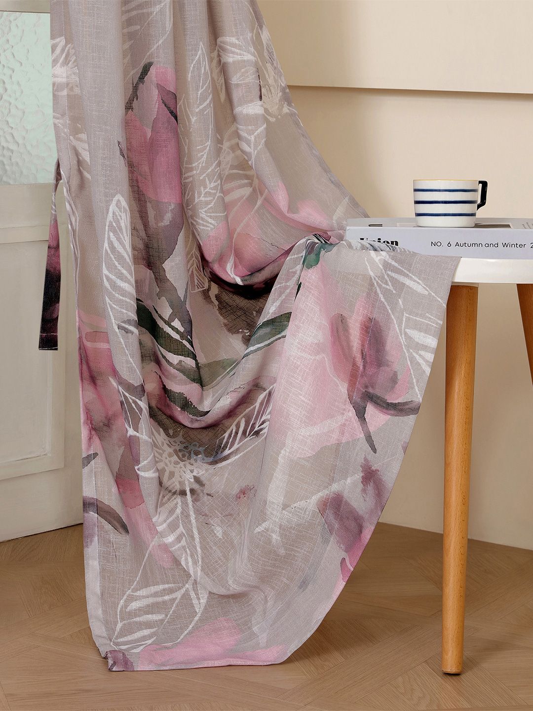 Story@home Story@home Grey & Pink Floral Sheer Long Door Curtain