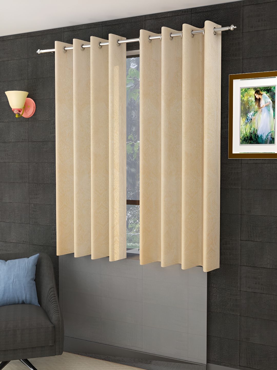 Aura Aura Cream-Coloured 2 Pieces Self Design Velvet Room Darkening Window Curtains
