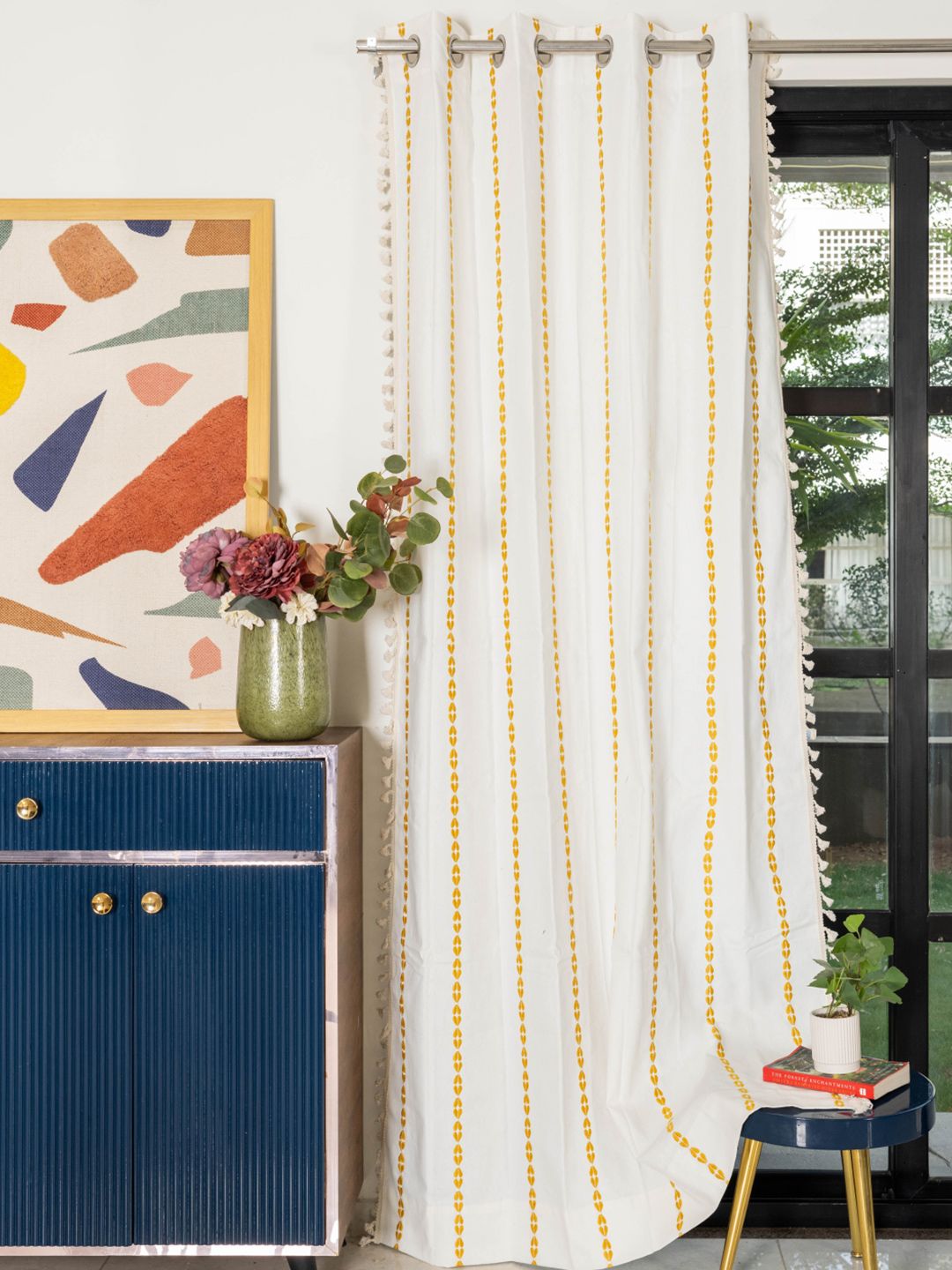 URBAN SPACE Yellow & White Embroidered Long Door Curtain