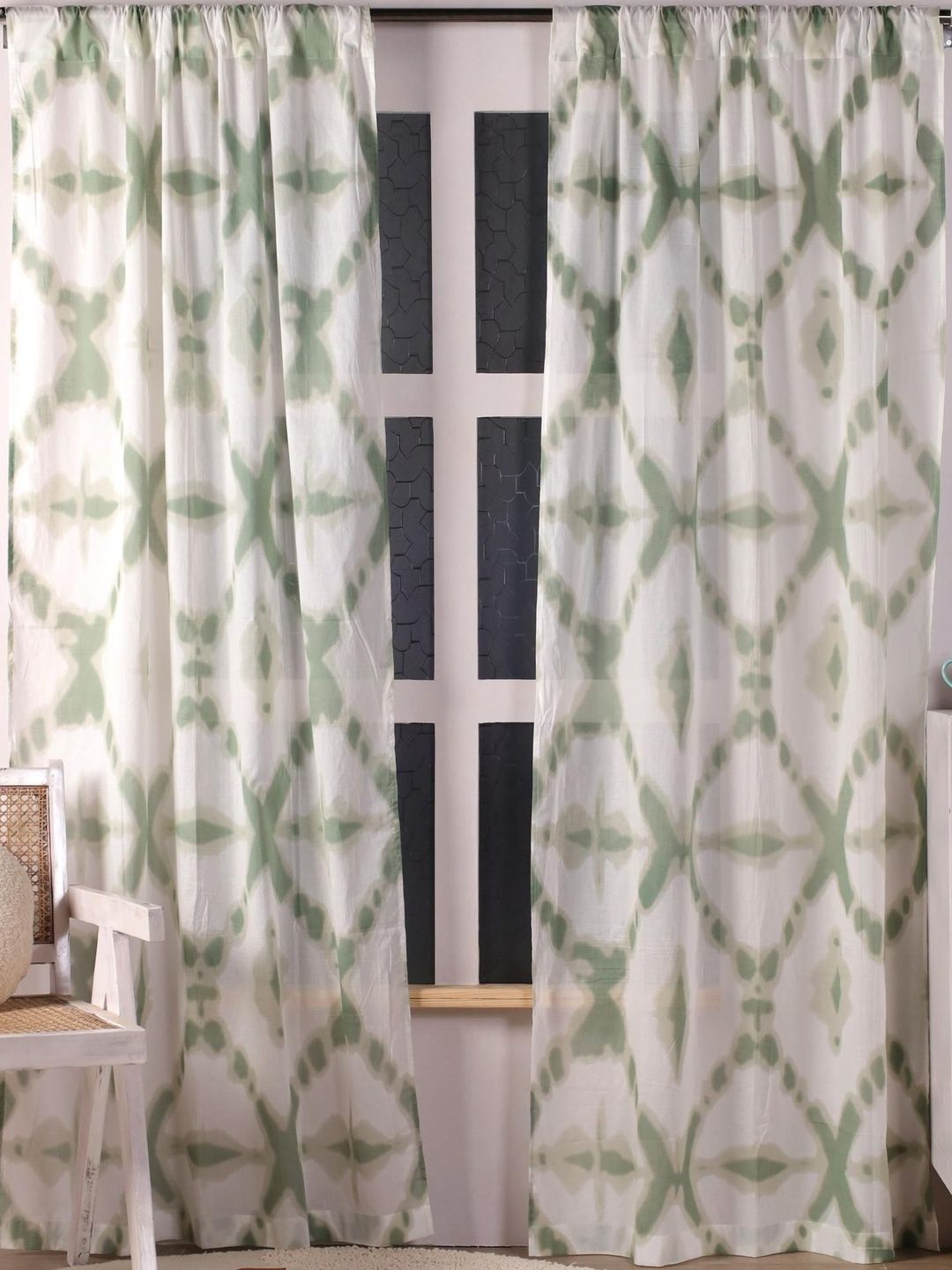 Gulaab Jaipur White & Green Set of 2 Window Curtain