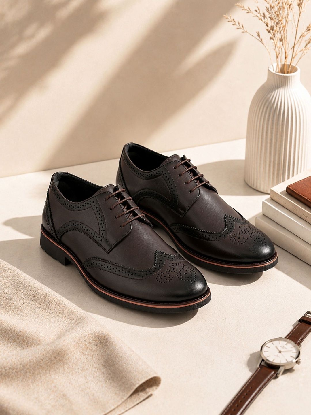 House of Pataudi Men Textured Round Toe Lace-Ups Brogues Formal Shoes