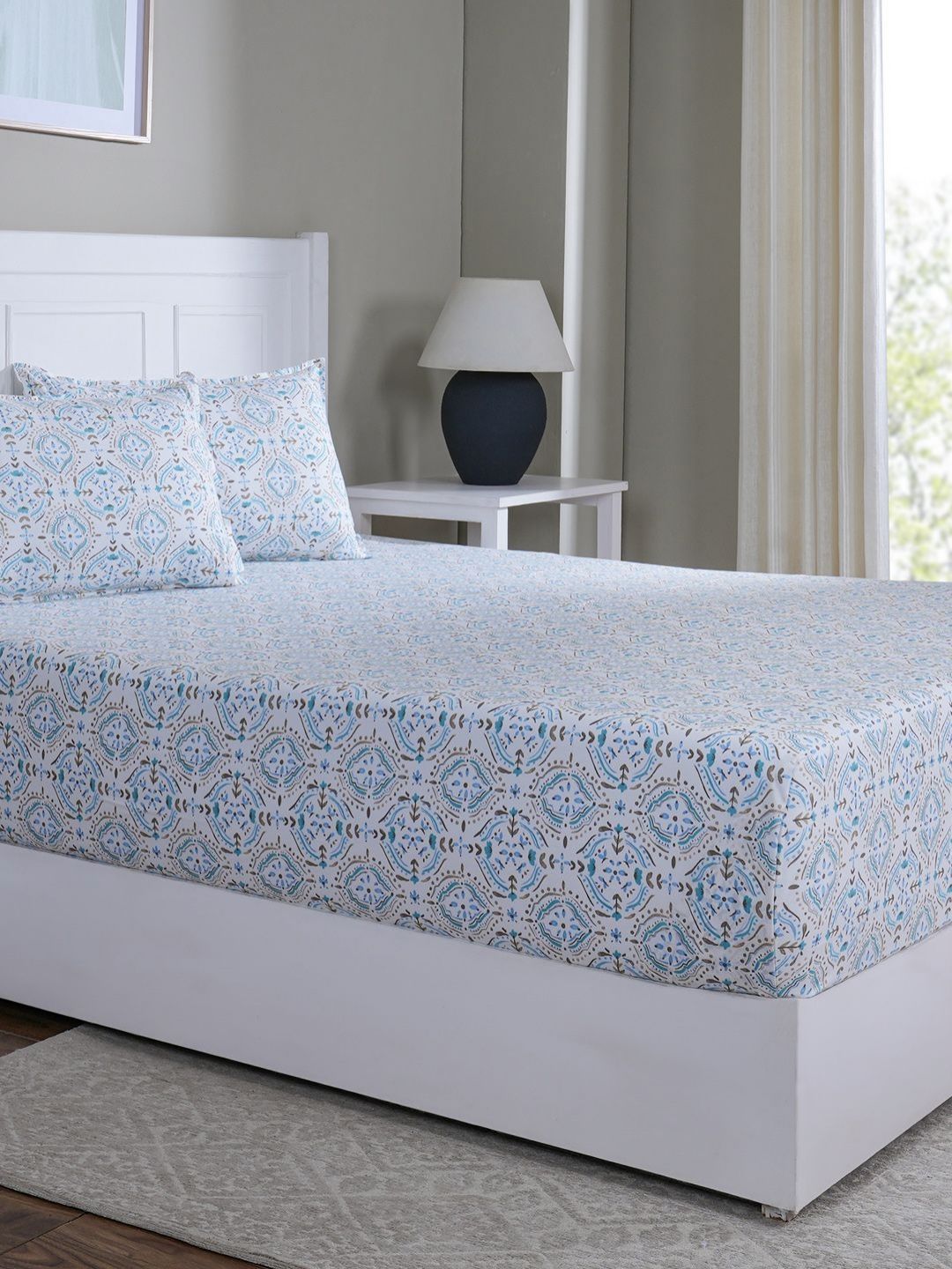 MASPAR MASPAR Blue Ethnic Motifs Pure Cotton 144 TC King Fine Bedsheet with 2 Pillow Covers-108 x 108 inches