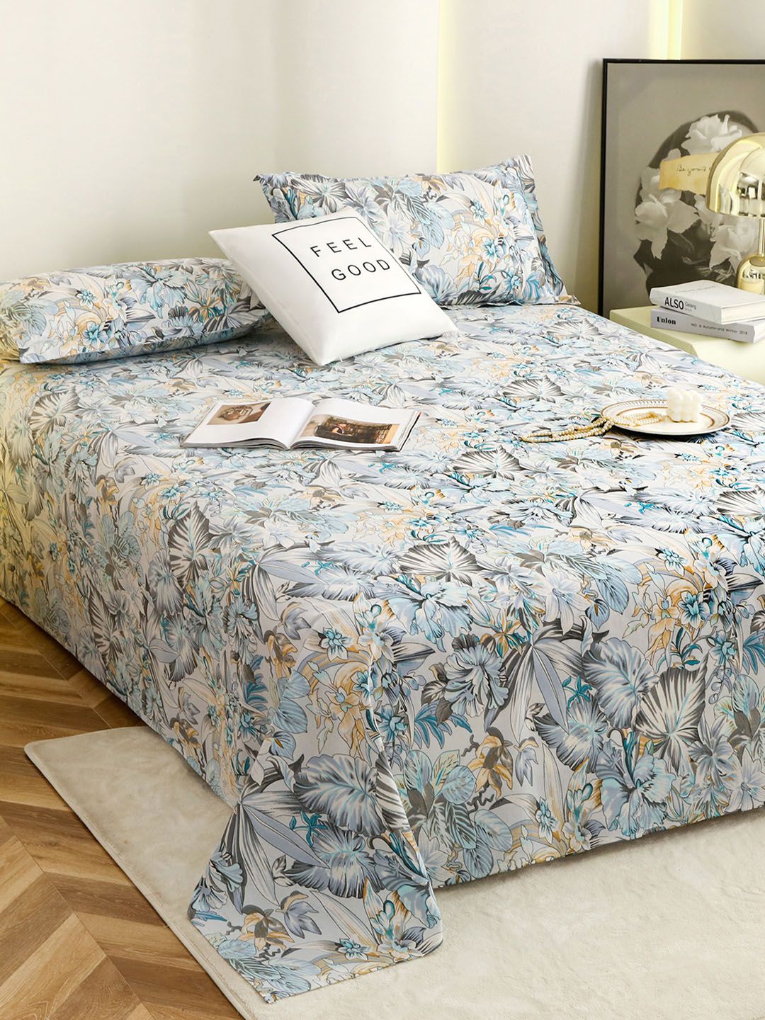 Story@home Story@home Grey & Blue Floral Cotton 186 TC Queen Bedsheet with Pillow Covers - 88x100 In